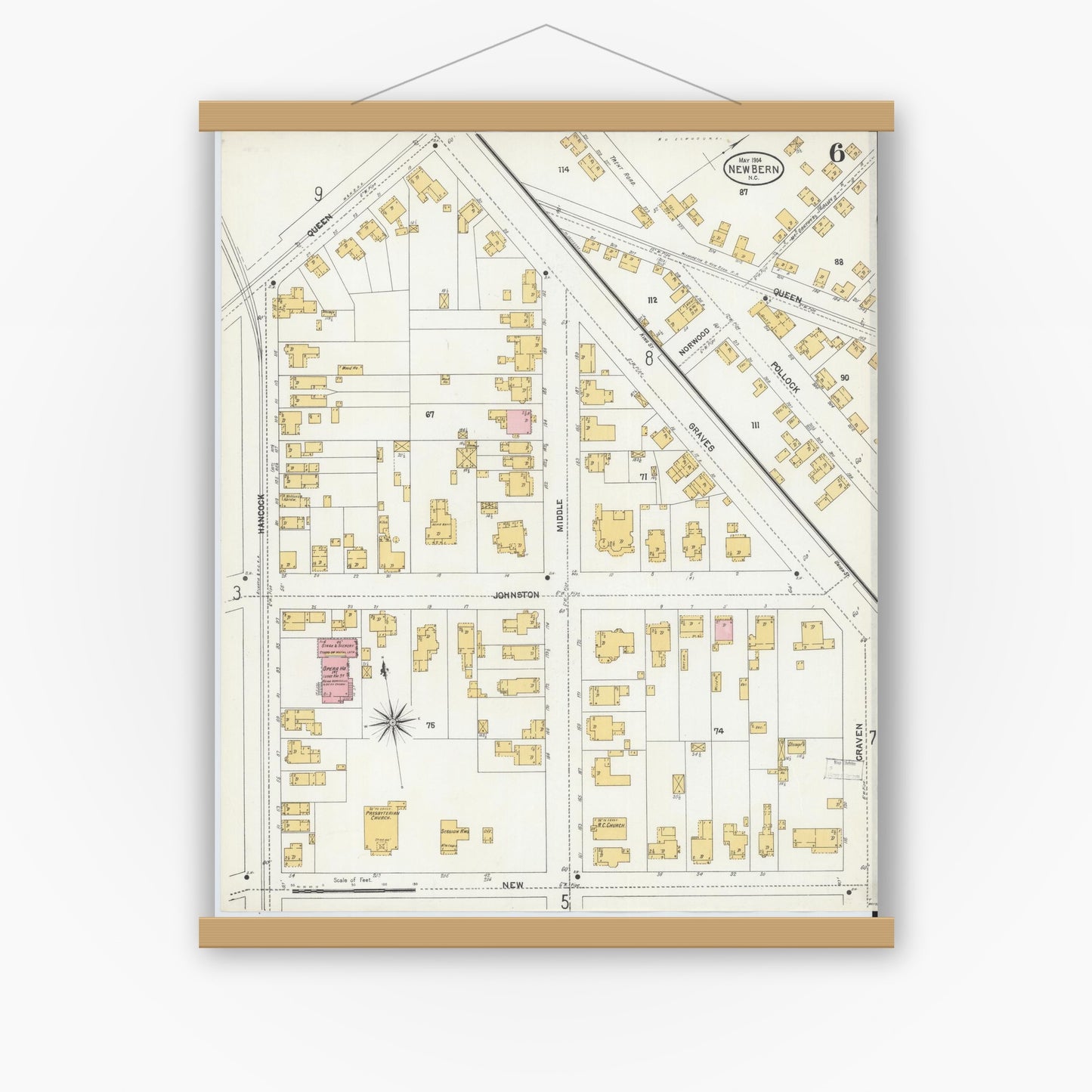 Old map wall art mockup — magnetic wood frame on white wall — Sanborn Fire Insurance Map from New Bern, Craven County, North Carolina (1904), Sheet #0006