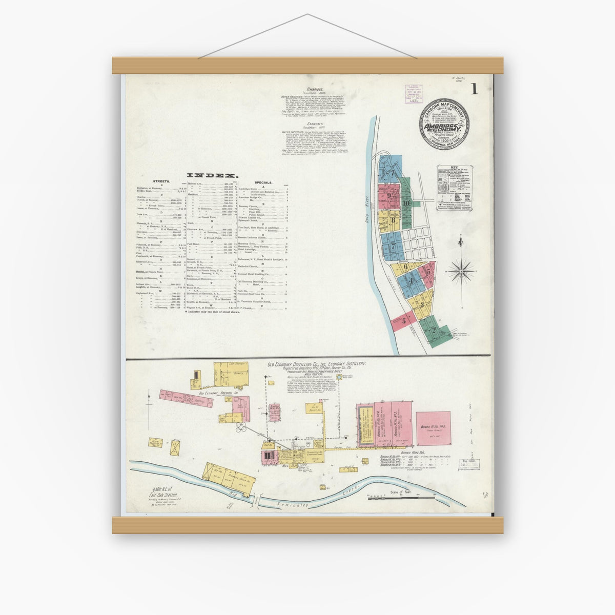 Old map wall art mockup — magnetic wood frame on white wall — Sanborn Fire Insurance Map from Ambridge, Beaver County, Pennsylvania (1905), Sheet #0001