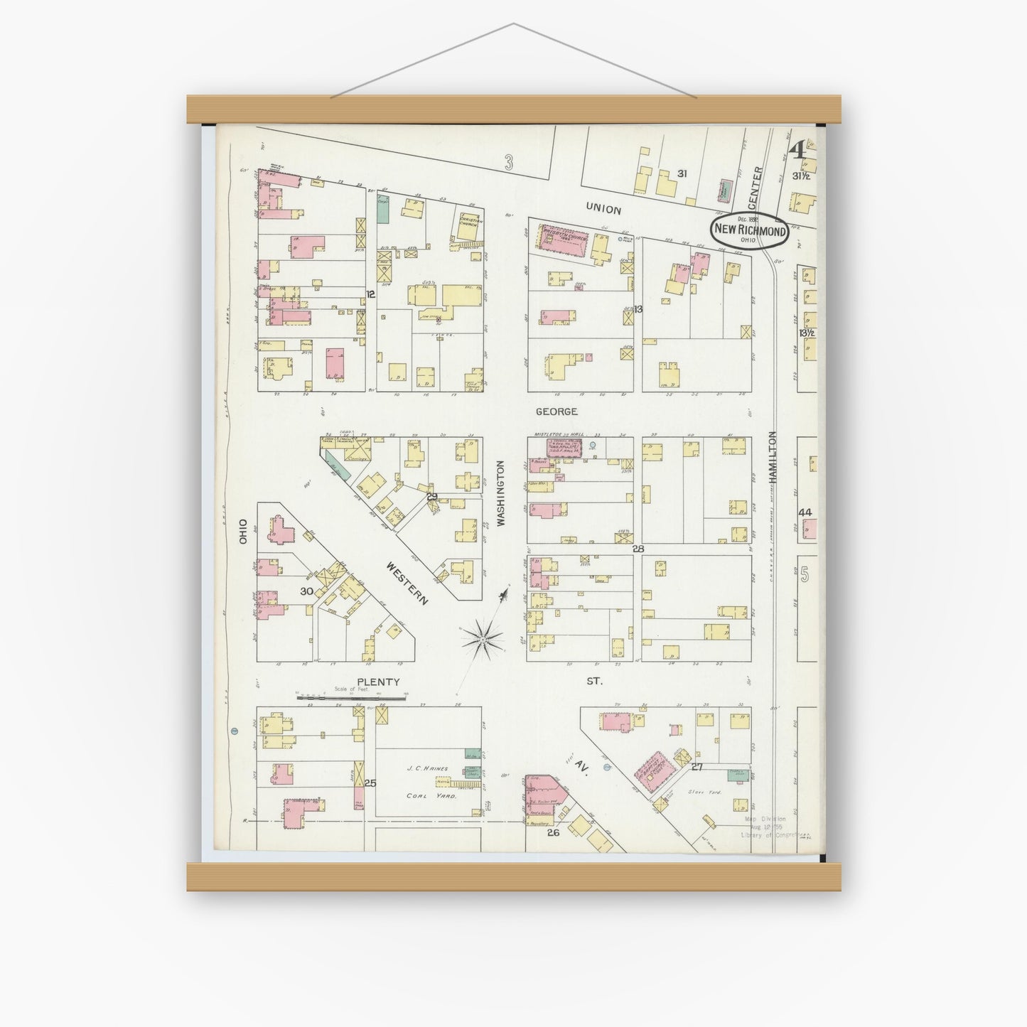 Old map wall art mockup — magnetic wood frame on white wall — Sanborn Fire Insurance Map from New Richmond, Clermont County, Ohio (1892), Sheet #0004