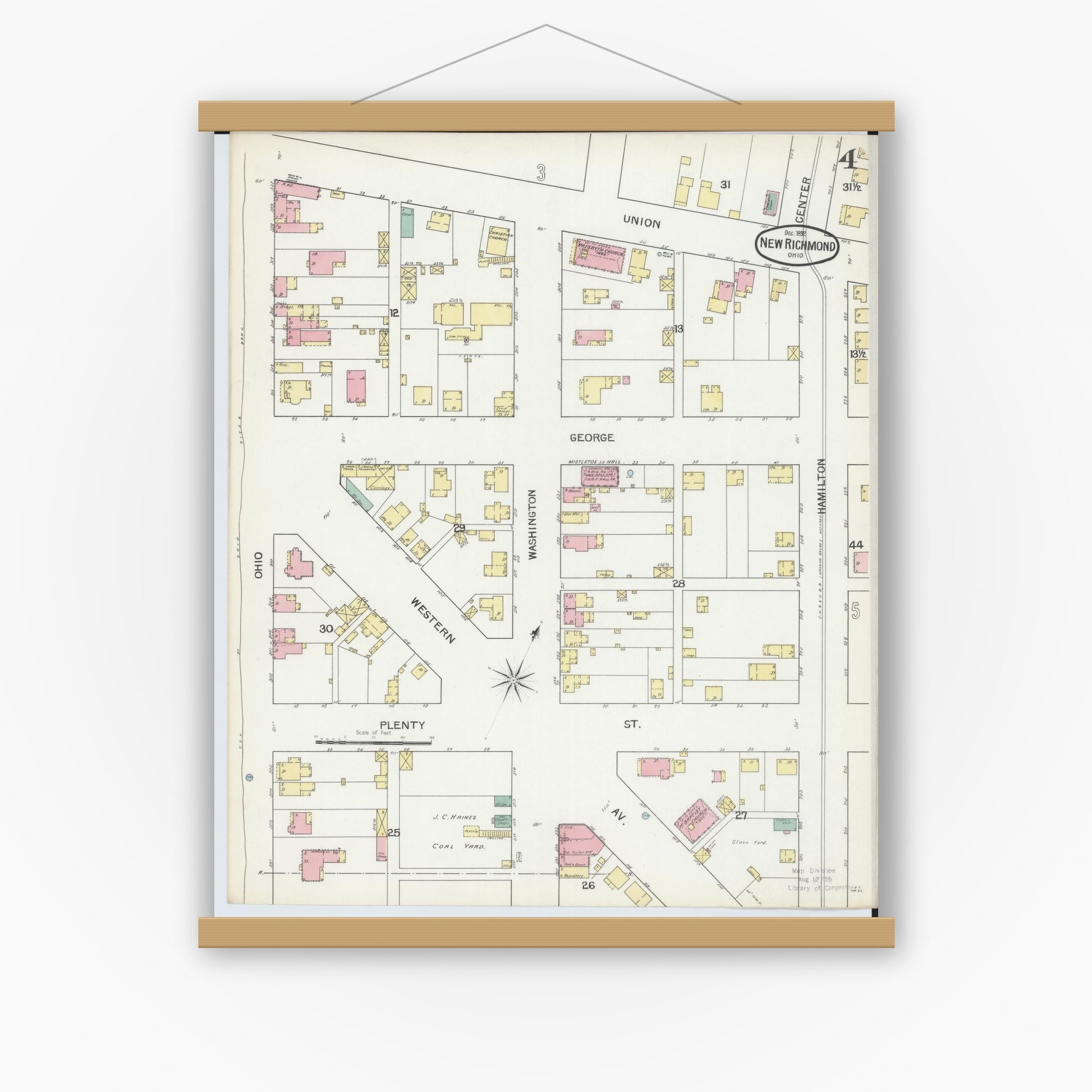 Old map wall art mockup — magnetic wood frame on white wall — Sanborn Fire Insurance Map from New Richmond, Clermont County, Ohio (1892), Sheet #0004