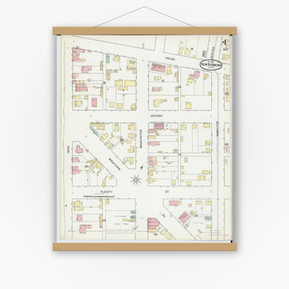 Old map wall art mockup — magnetic wood frame on white wall — Sanborn Fire Insurance Map from New Richmond, Clermont County, Ohio (1892), Sheet #0004