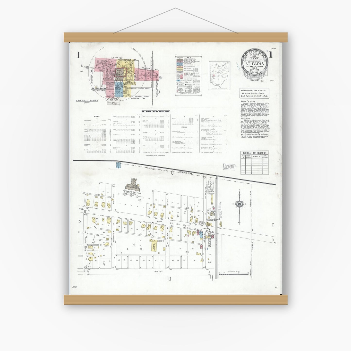 Old map wall art mockup — magnetic wood frame on white wall — Sanborn Fire Insurance Map from Saint Paris, Champaign County, Ohio (1948) - Complete Map Set