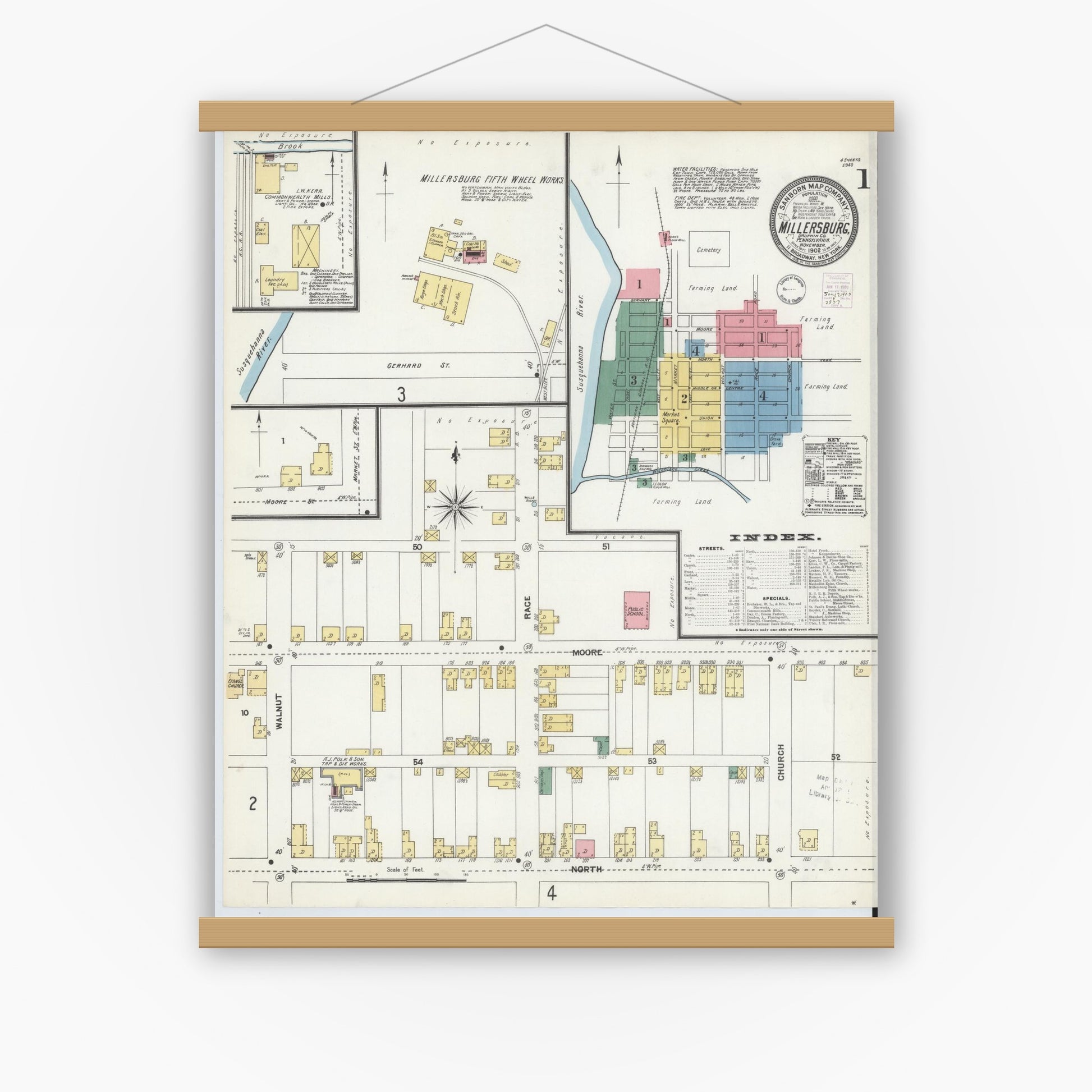 Old map wall art mockup — magnetic wood frame on white wall — Sanborn Fire Insurance Map from Millersburg, Dauphin County, Pennsylvania (1902), Sheet #0001