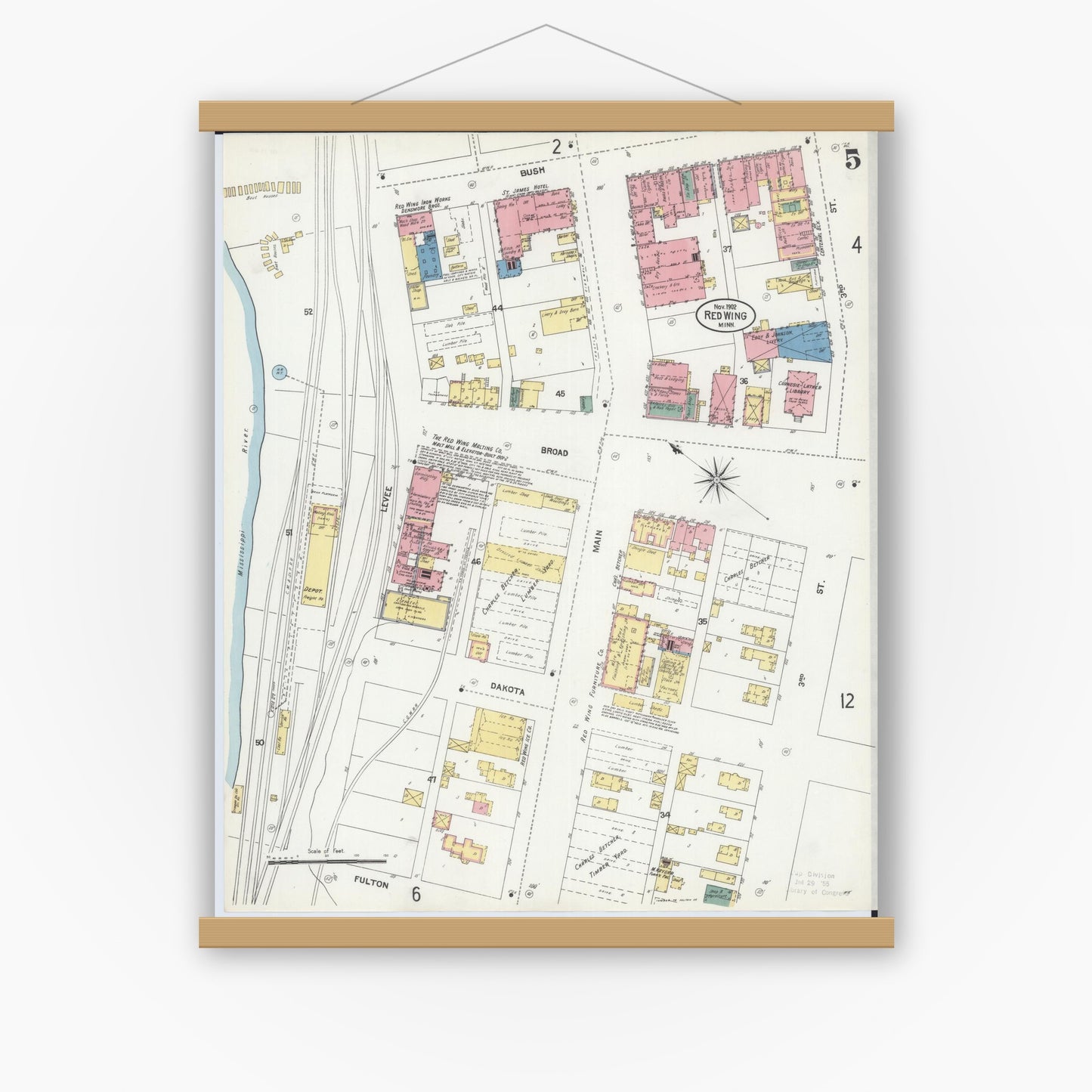 Old map wall art mockup — magnetic wood frame on white wall — Sanborn Fire Insurance Map from Red Wing, Goodhue County, Minnesota (1902), Sheet #0005