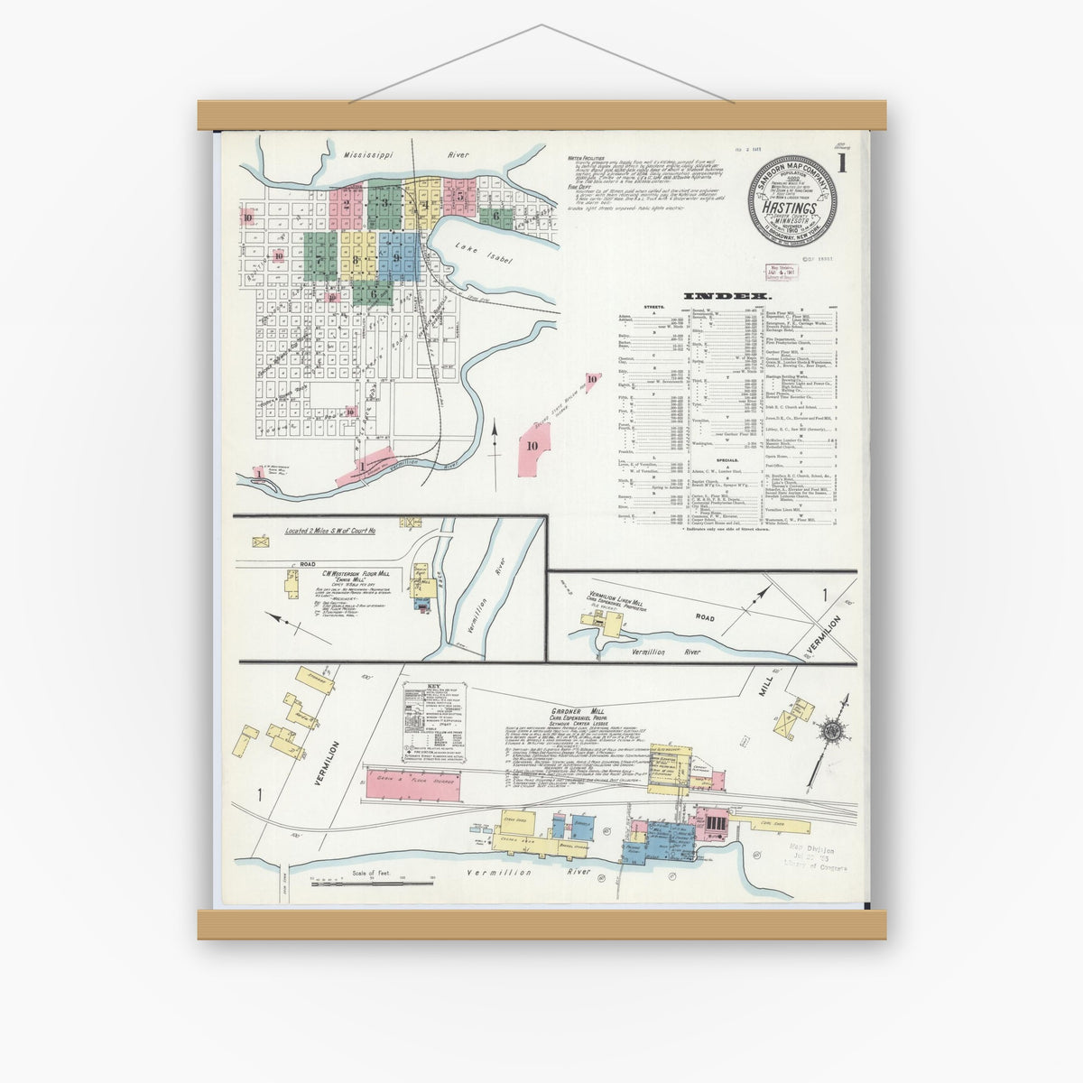 Old map wall art mockup — magnetic wood frame on white wall — Sanborn Fire Insurance Map from Hastings, Dakota County, Minnesota (1910), Sheet #0001