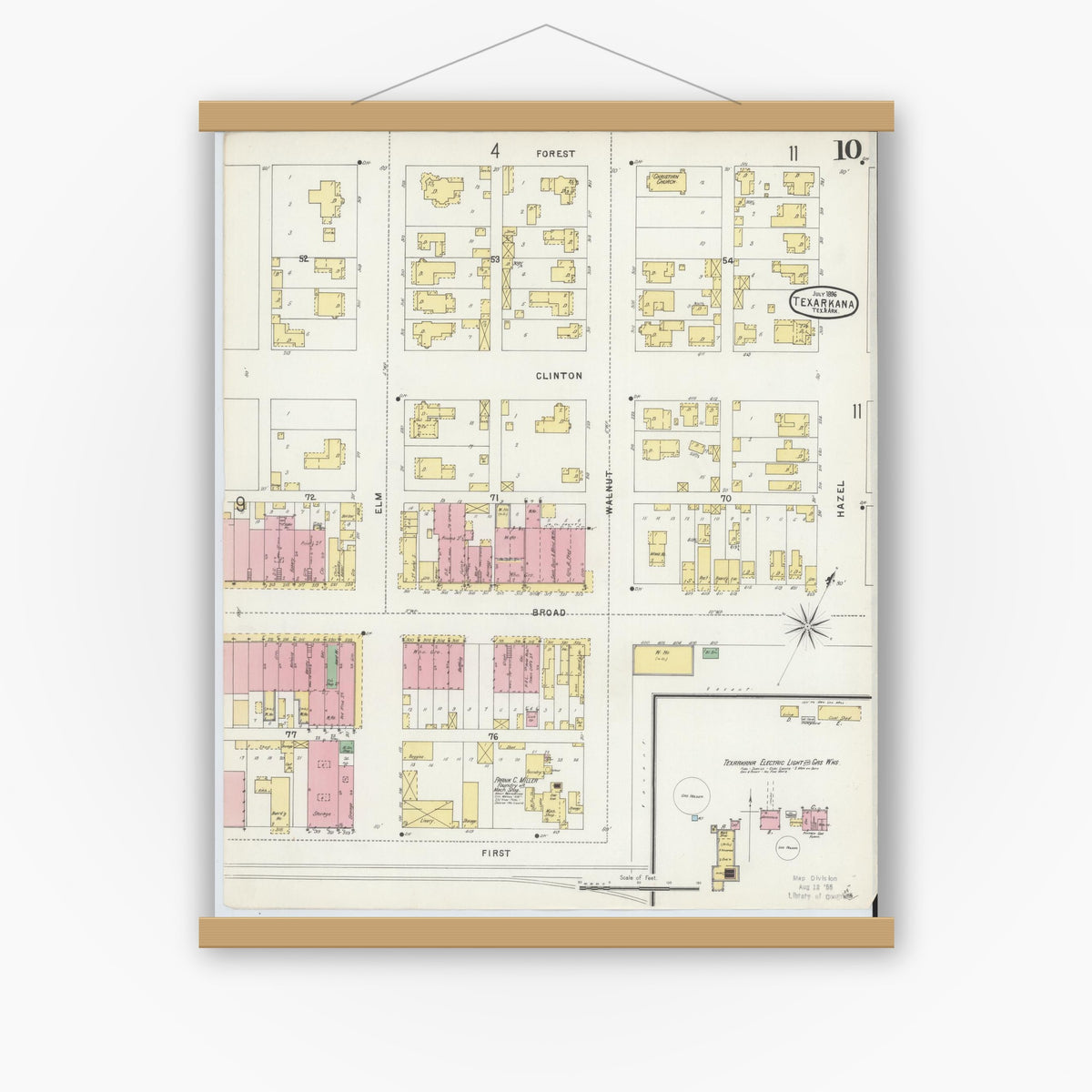 Old map wall art mockup — magnetic wood frame on white wall — Sanborn Fire Insurance Map from Texarkana, Bowie County, Texas (1896), Sheet #0010