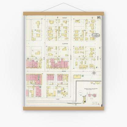 Old map wall art mockup — magnetic wood frame on white wall — Sanborn Fire Insurance Map from Texarkana, Bowie County, Texas (1896), Sheet #0010