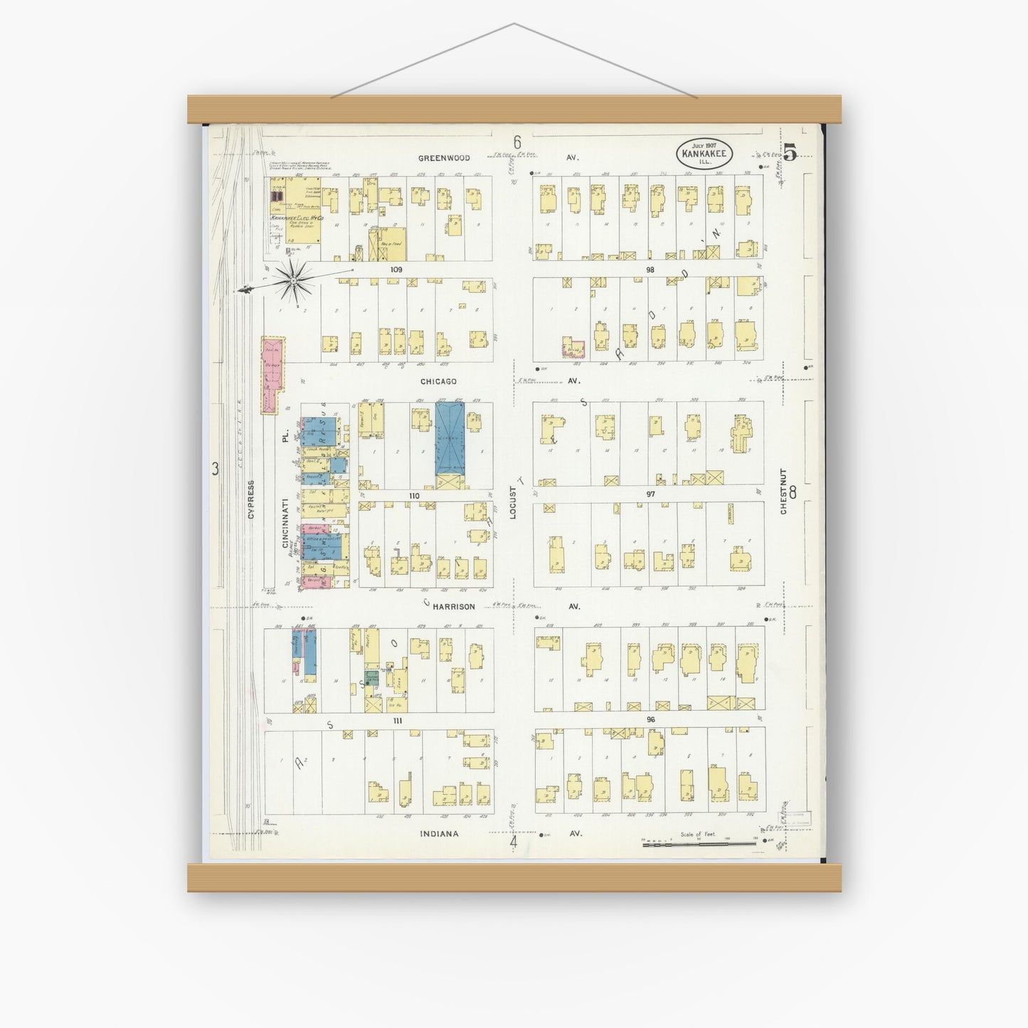 Old map wall art mockup — magnetic wood frame on white wall — Sanborn Fire Insurance Map from Kankakee, Kankakee County, Illinois (1907), Sheet #0005