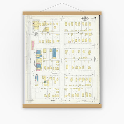 Old map wall art mockup — magnetic wood frame on white wall — Sanborn Fire Insurance Map from Kankakee, Kankakee County, Illinois (1907), Sheet #0005