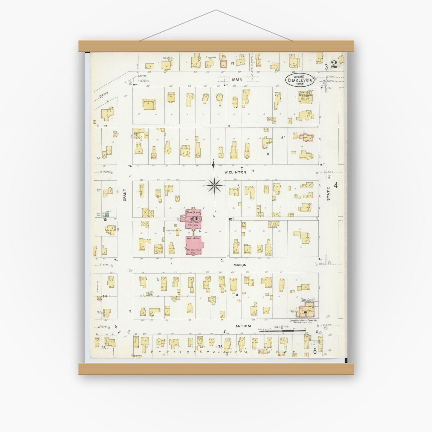 Old map wall art mockup — magnetic wood frame on white wall — Sanborn Fire Insurance Map from Charlevoix, Charlevoix County, Michigan (1907), Sheet #0002