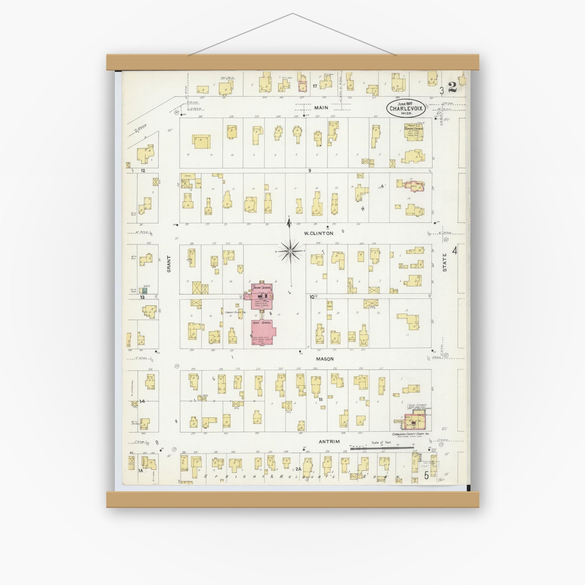 Old map wall art mockup — magnetic wood frame on white wall — Sanborn Fire Insurance Map from Charlevoix, Charlevoix County, Michigan (1907), Sheet #0002
