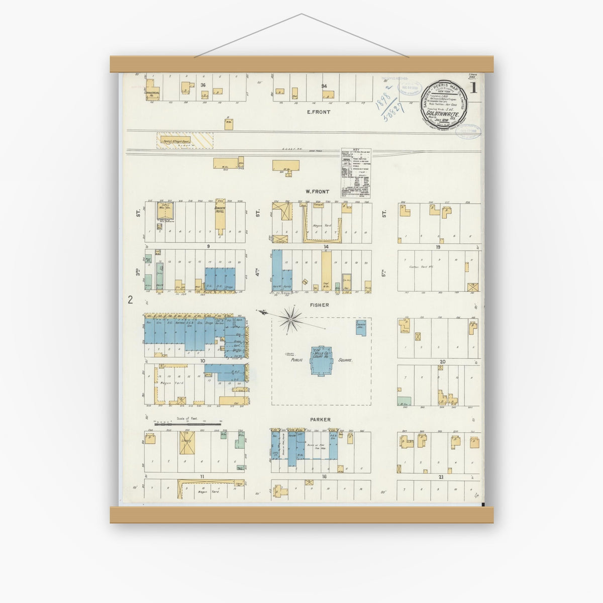Old map wall art mockup — magnetic wood frame on white wall — Sanborn Fire Insurance Map from Goldthwaite, Mills County, Texas (1898) - Complete Map Set