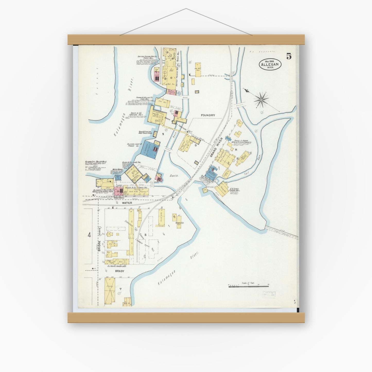 Old map wall art mockup — magnetic wood frame on white wall — Sanborn Fire Insurance Map from Allegan, Allegan County, Michigan (1906), Sheet #0005