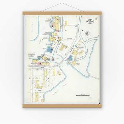 Old map wall art mockup — magnetic wood frame on white wall — Sanborn Fire Insurance Map from Allegan, Allegan County, Michigan (1906), Sheet #0005
