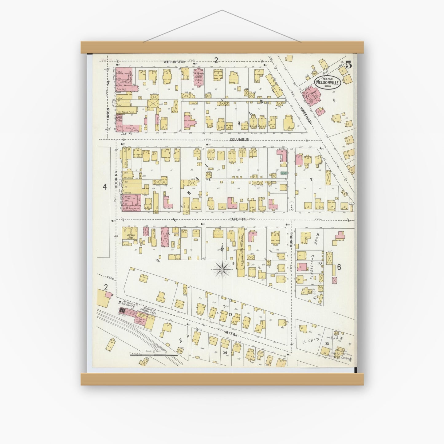 Old map wall art mockup — magnetic wood frame on white wall — Sanborn Fire Insurance Map from Nelsonville, Athens County, Ohio (1900), Sheet #0005