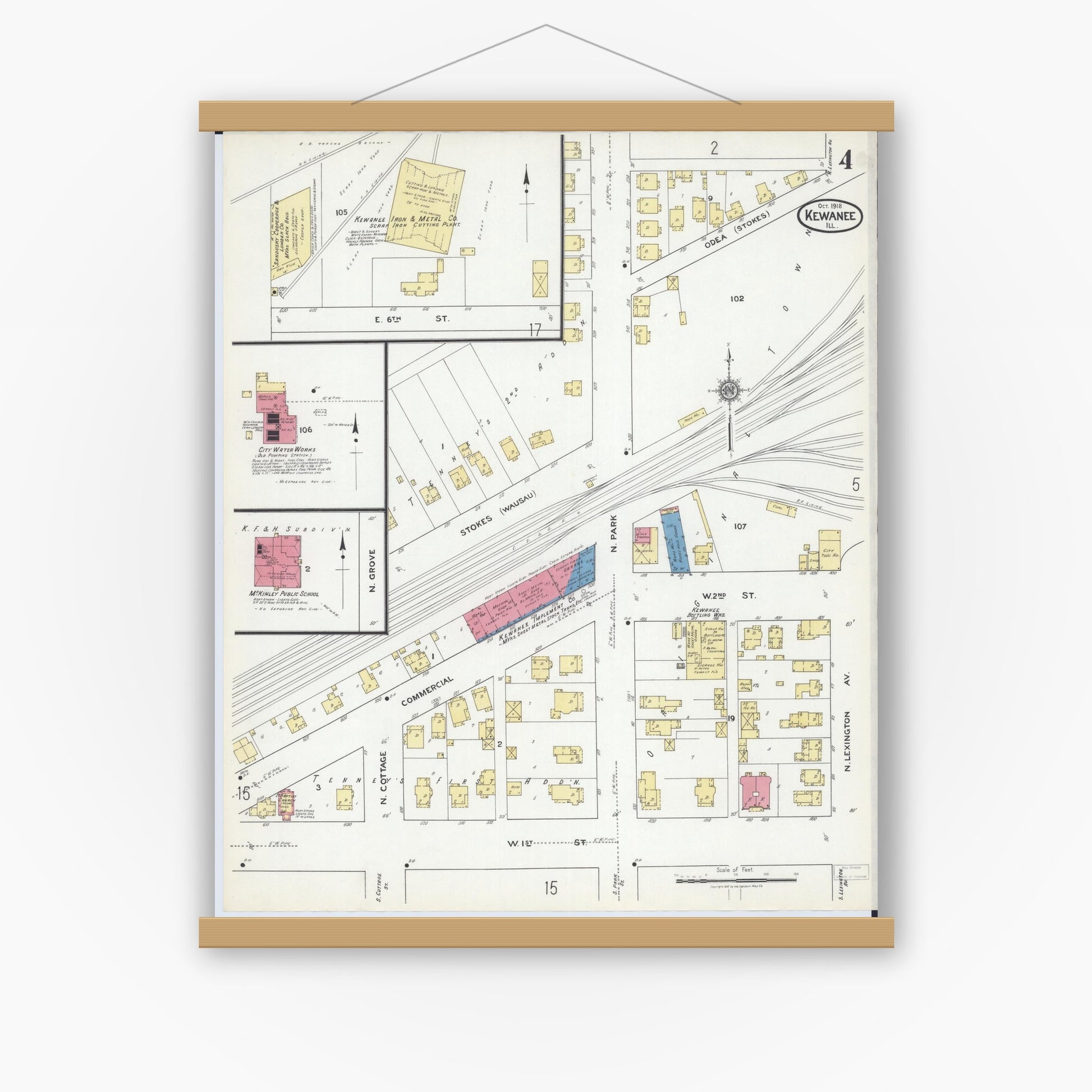 Old map wall art mockup — magnetic wood frame on white wall — Sanborn Fire Insurance Map from Kewanee, Henry County, Illinois (1918), Sheet #0004