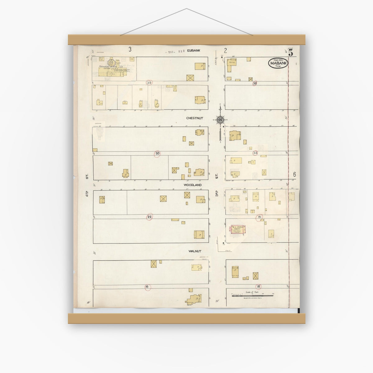 Old map wall art mockup — magnetic wood frame on white wall — Sanborn Fire Insurance Map from Mabank, Kaufman County, Texas (1934), Sheet #0005
