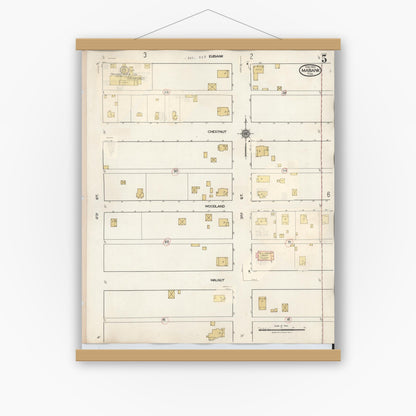 Old map wall art mockup — magnetic wood frame on white wall — Sanborn Fire Insurance Map from Mabank, Kaufman County, Texas (1934), Sheet #0005