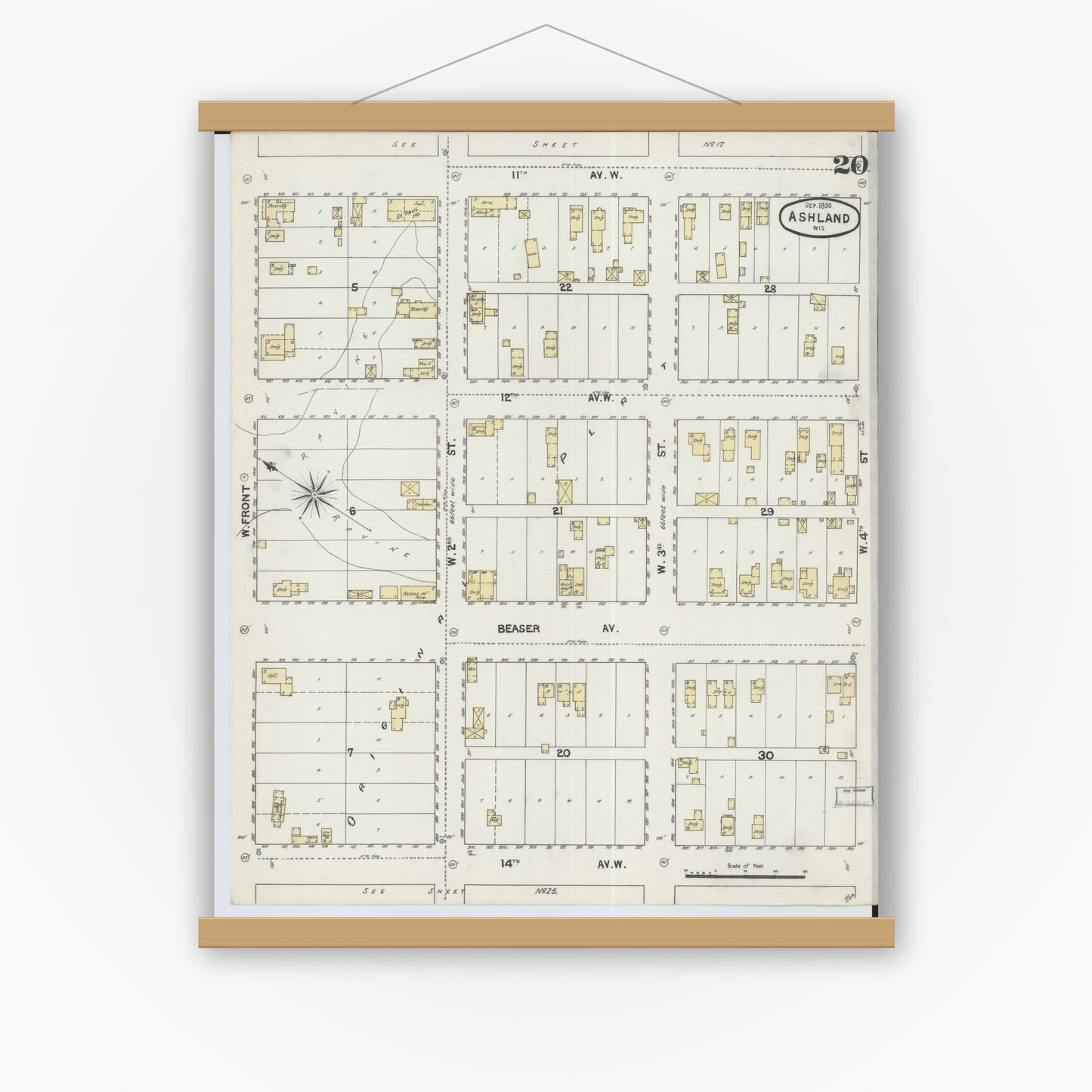 Old map wall art mockup — magnetic wood frame on white wall — Sanborn Fire Insurance Map from Ashland, Ashland County, Wisconsin (1890), Sheet #0020