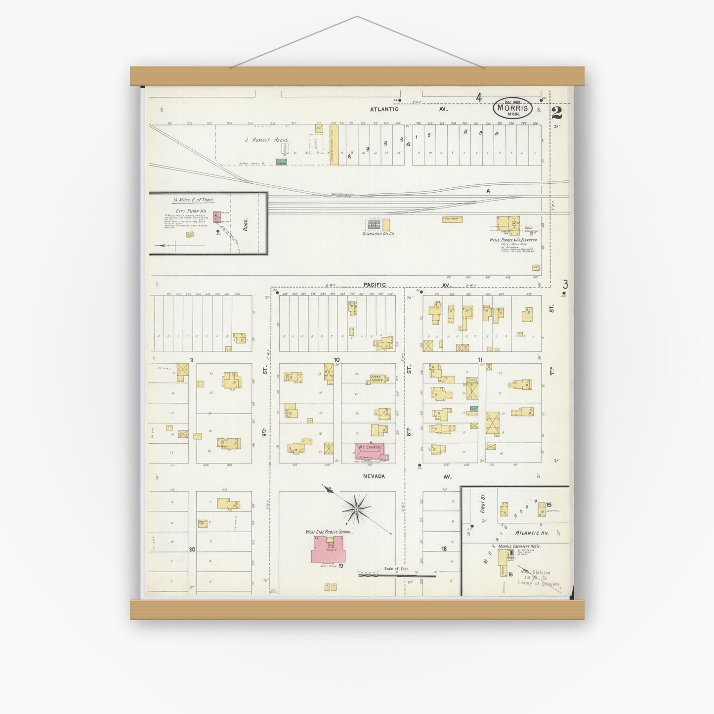 Old map wall art mockup — magnetic wood frame on white wall — Sanborn Fire Insurance Map from Morris, Stevens County, Minnesota (1902), Sheet #0002