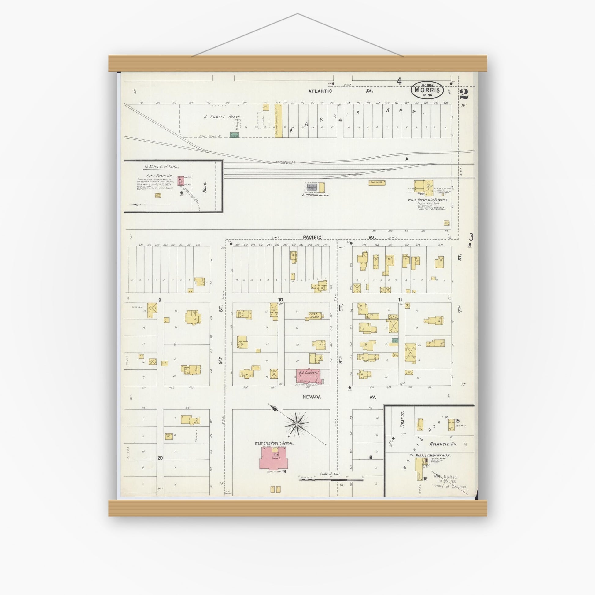 Old map wall art mockup — magnetic wood frame on white wall — Sanborn Fire Insurance Map from Morris, Stevens County, Minnesota (1902), Sheet #0002