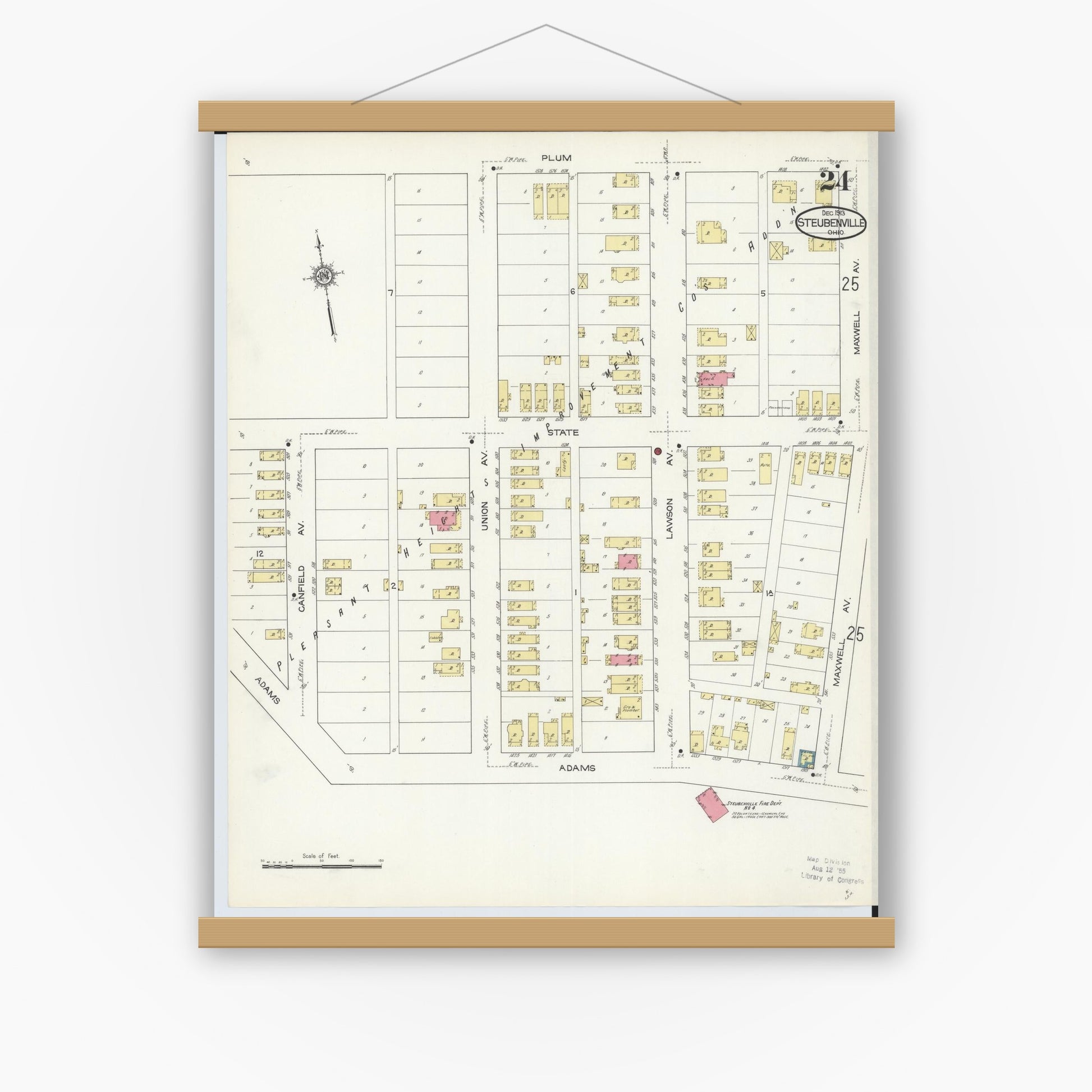 Old map wall art mockup — magnetic wood frame on white wall — Sanborn Fire Insurance Map from Steubenville, Jefferson County, Ohio (1913), Sheet #0024