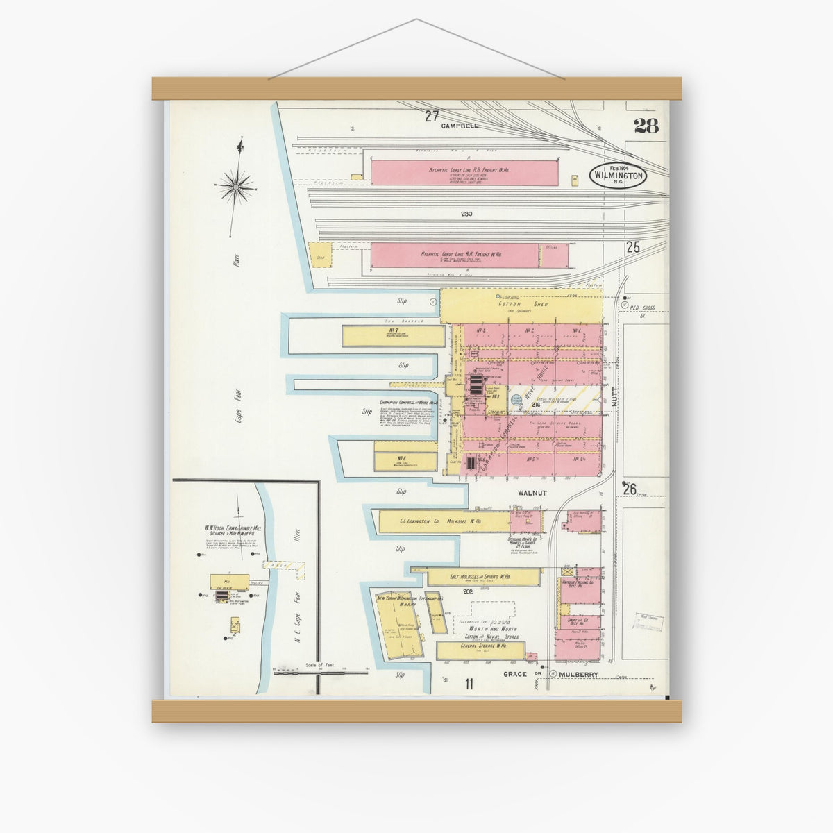 Old map wall art mockup — magnetic wood frame on white wall — Sanborn Fire Insurance Map from Wilmington, New Hanover County, North Carolina (1904), Sheet #0028