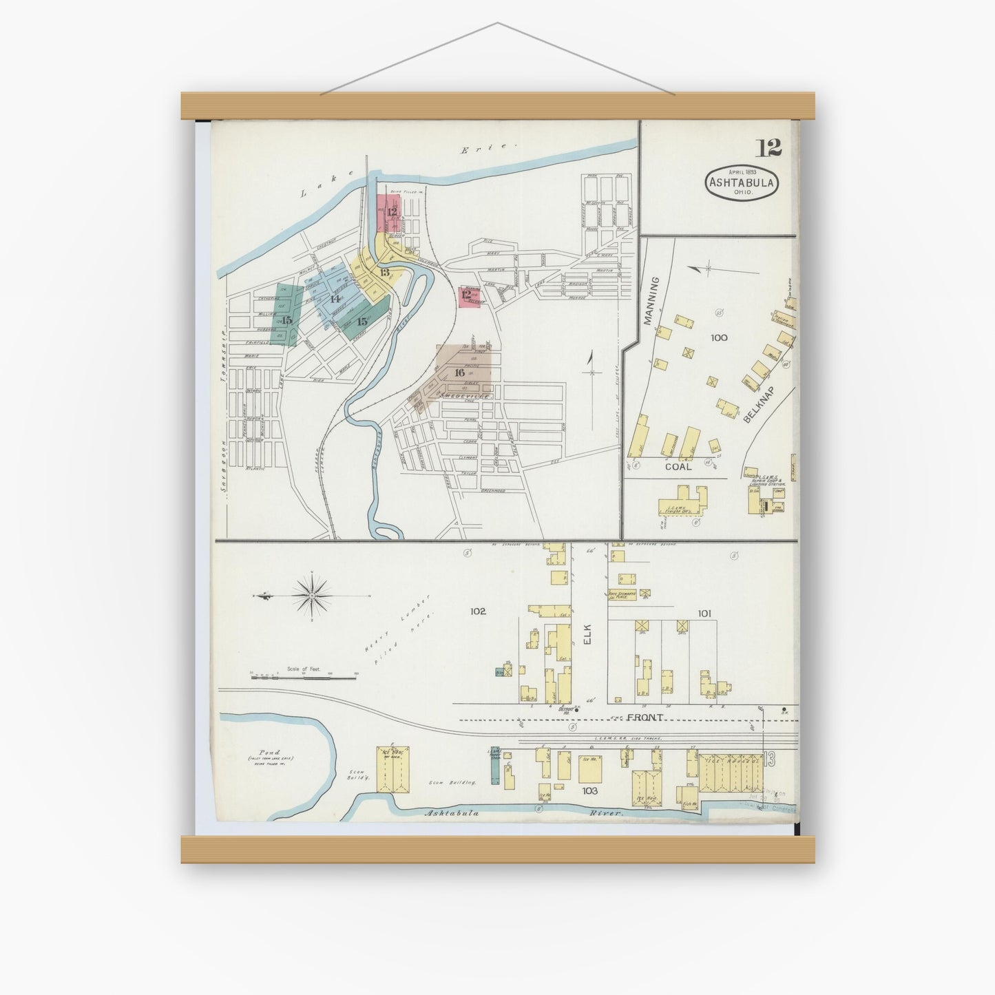 Old map wall art mockup — magnetic wood frame on white wall — Sanborn Fire Insurance Map from Ashtabula, Ashtabula County, Ohio (1893), Sheet #0012
