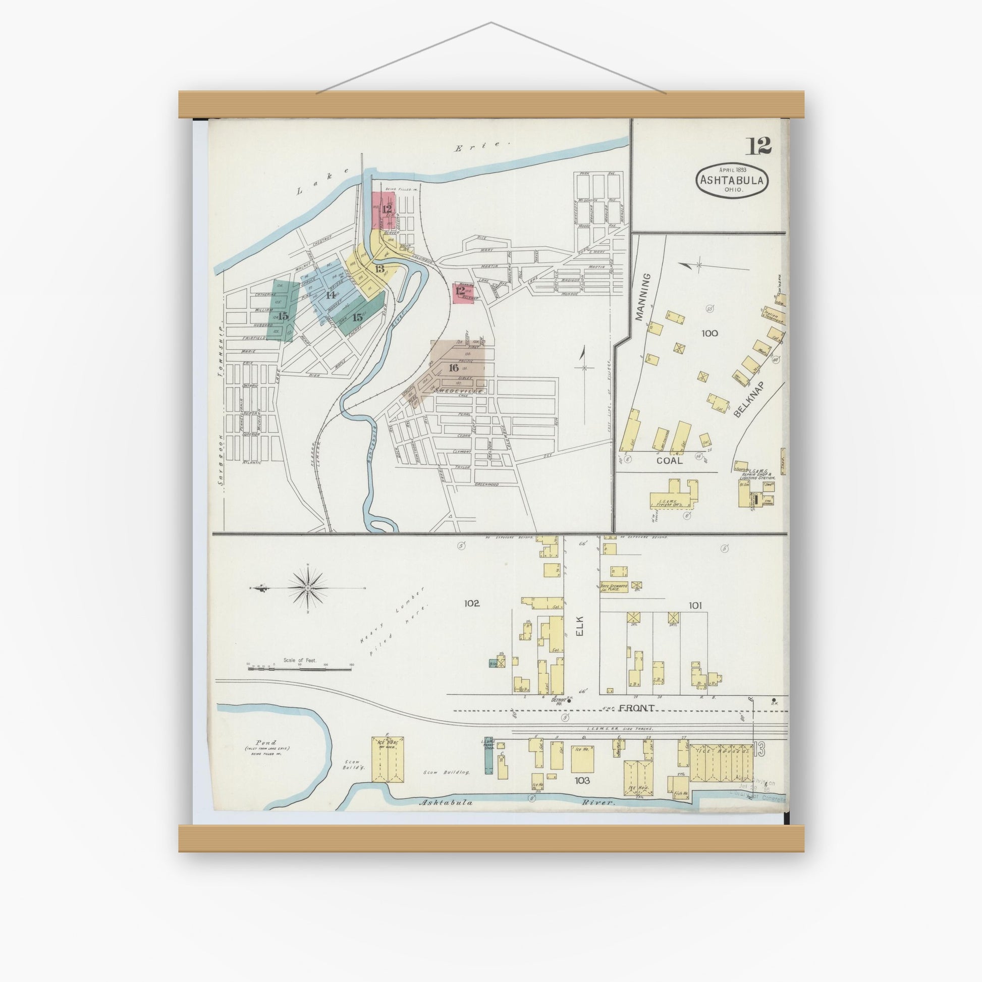 Old map wall art mockup — magnetic wood frame on white wall — Sanborn Fire Insurance Map from Ashtabula, Ashtabula County, Ohio (1893), Sheet #0012