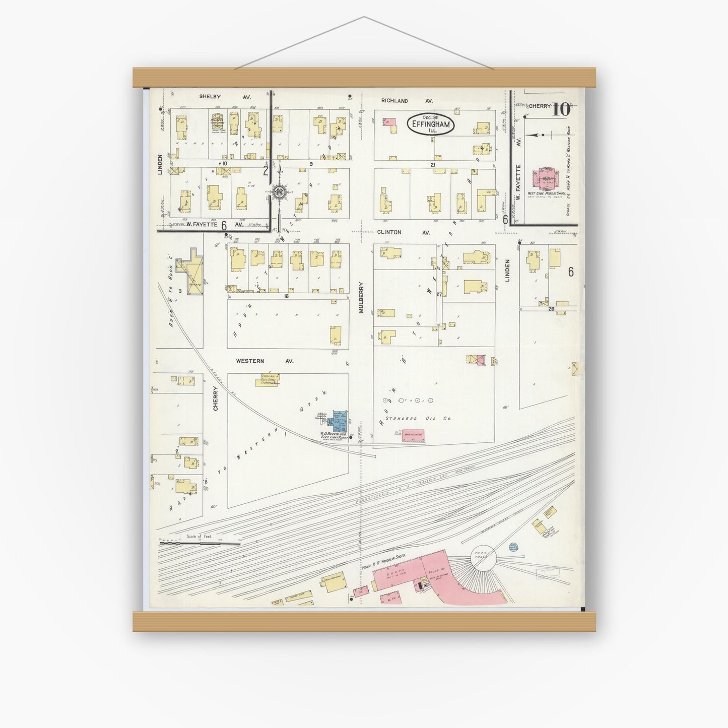 Old map wall art mockup — magnetic wood frame on white wall — Sanborn Fire Insurance Map from Effingham, Effingham County, Illinois (1911), Sheet #0010