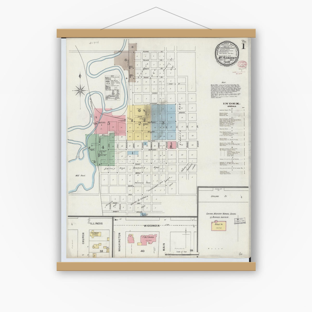Old map wall art mockup — magnetic wood frame on white wall — Sanborn Fire Insurance Map from Mount Pleasant, Isabella County, Michigan (1895), Sheet #0001