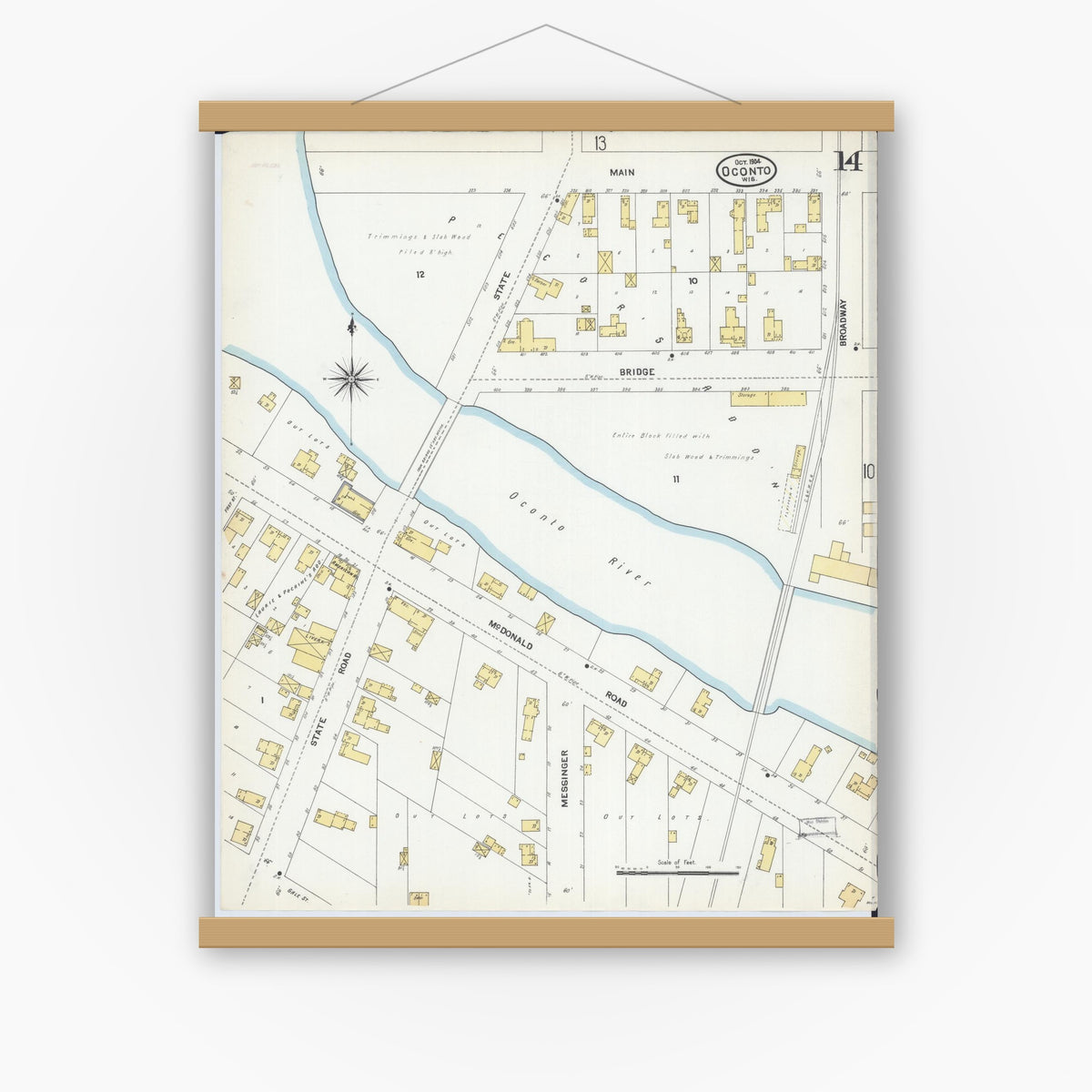 Old map wall art mockup — magnetic wood frame on white wall — Sanborn Fire Insurance Map from Oconto, Oconto County, Wisconsin (1904), Sheet #0014