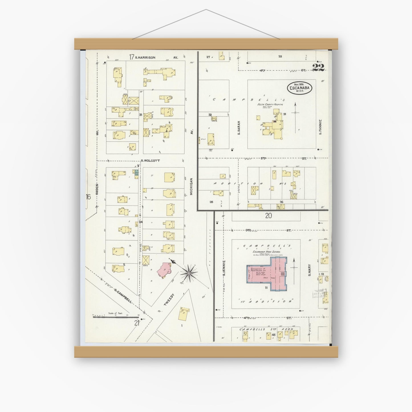 Old map wall art mockup — magnetic wood frame on white wall — Sanborn Fire Insurance Map from Escanaba, Delta County, Michigan (1906), Sheet #0022
