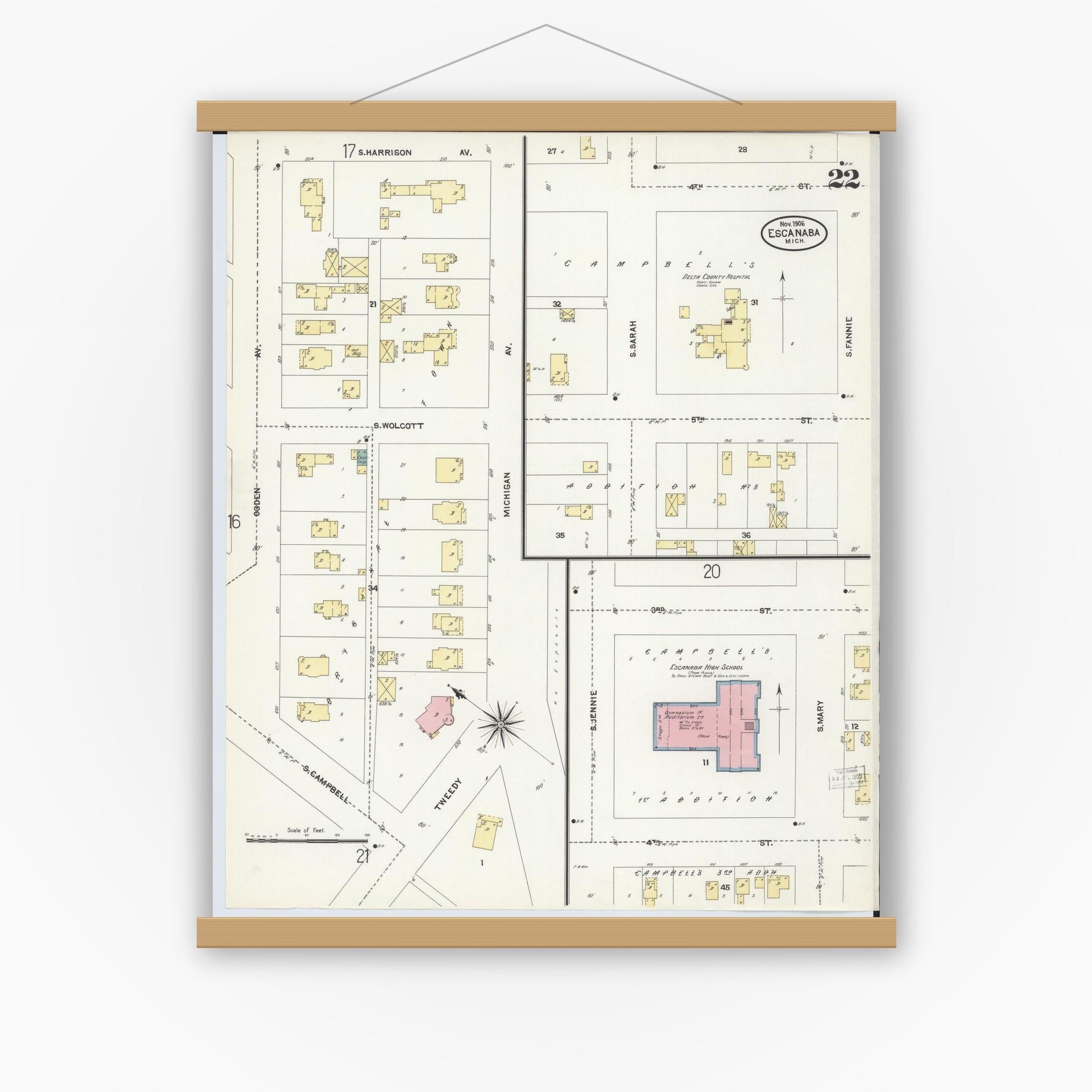 Old map wall art mockup — magnetic wood frame on white wall — Sanborn Fire Insurance Map from Escanaba, Delta County, Michigan (1906), Sheet #0022