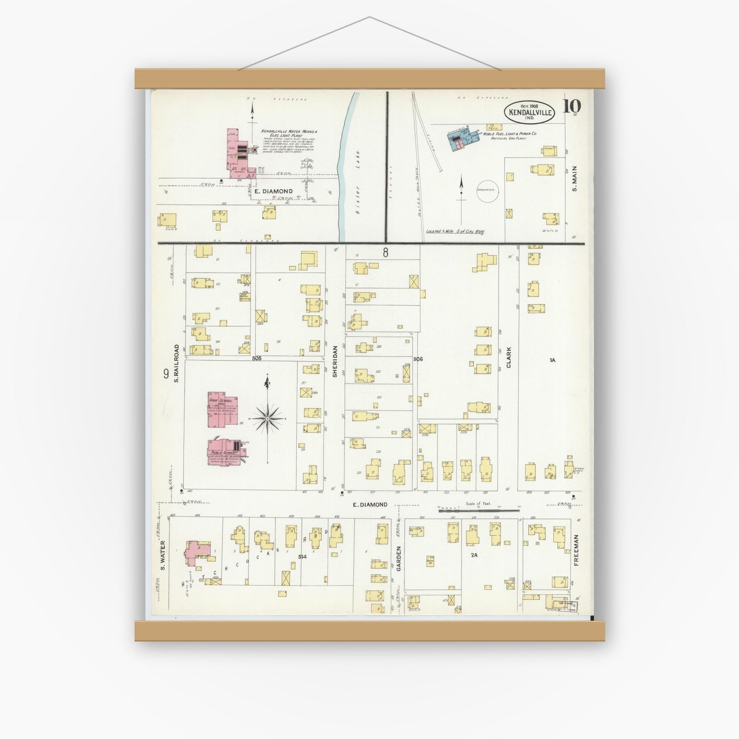 Old map wall art mockup — magnetic wood frame on white wall — Sanborn Fire Insurance Map from Kendallville, Noble County, Indiana (1908), Sheet #0010
