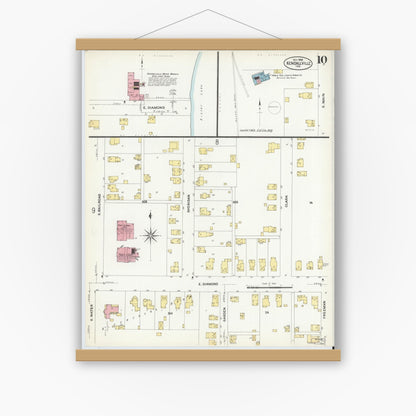 Old map wall art mockup — magnetic wood frame on white wall — Sanborn Fire Insurance Map from Kendallville, Noble County, Indiana (1908), Sheet #0010