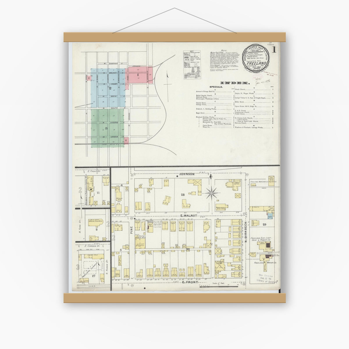Old map wall art mockup — magnetic wood frame on white wall — Sanborn Fire Insurance Map from Freeland, Luzerne County, Pennsylvania (1895) - Complete Map Set