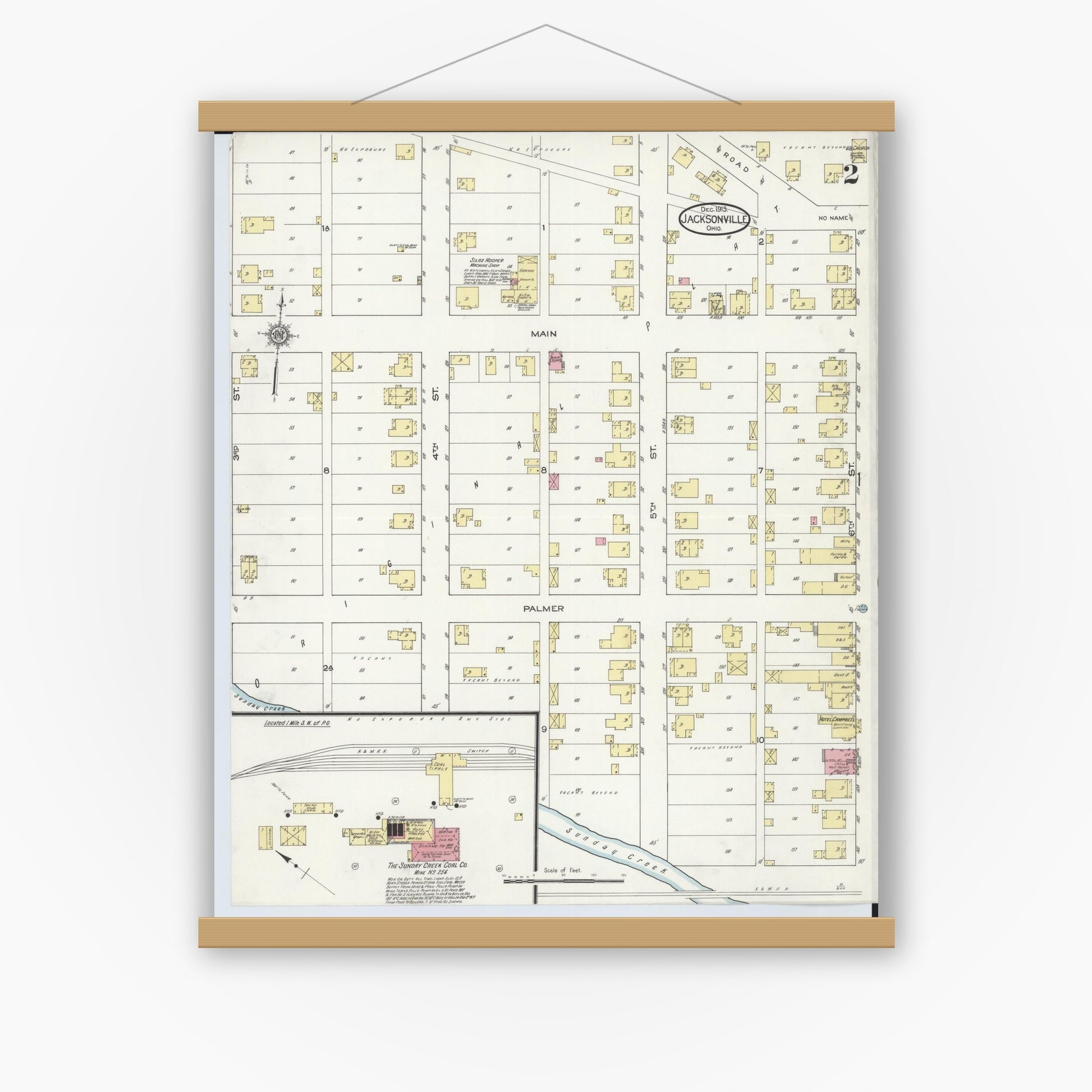 Old map wall art mockup — magnetic wood frame on white wall — Sanborn Fire Insurance Map from Jacksonville, Athens County, Ohio (1913), Sheet #0002