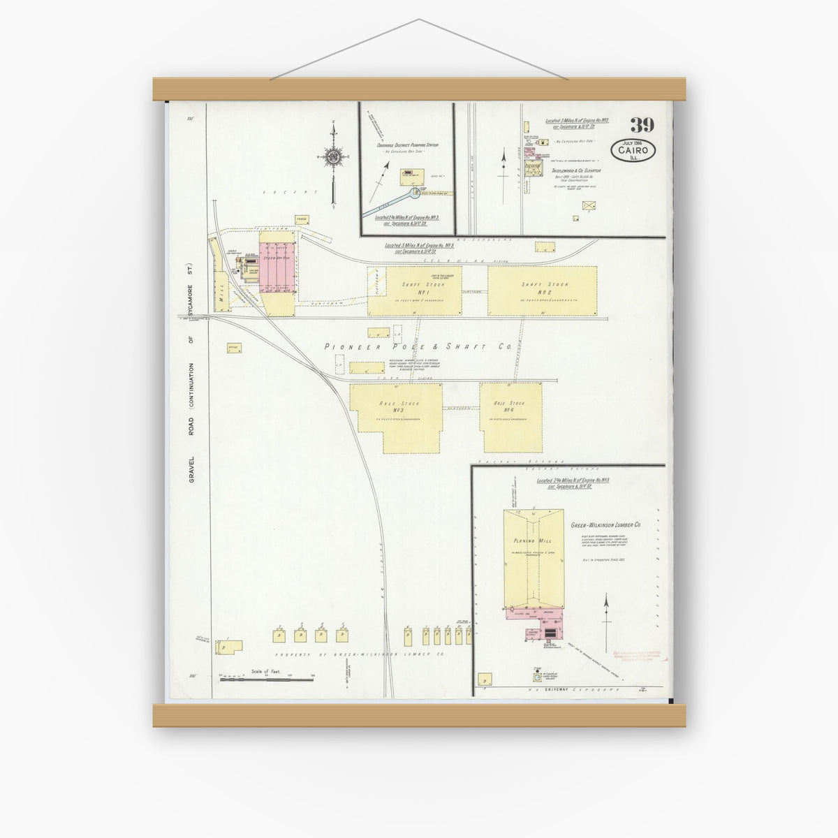 Old map wall art mockup — magnetic wood frame on white wall — Sanborn Fire Insurance Map from Cairo, Alexander County, Illinois (1914), Sheet #0039
