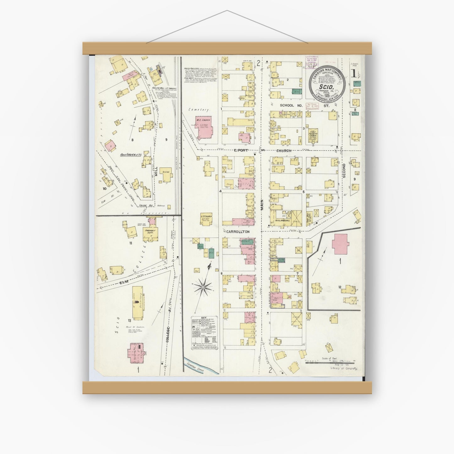 Old map wall art mockup — magnetic wood frame on white wall — Sanborn Fire Insurance Map from Scio, Harrison County, Ohio (1907) - Complete Map Set