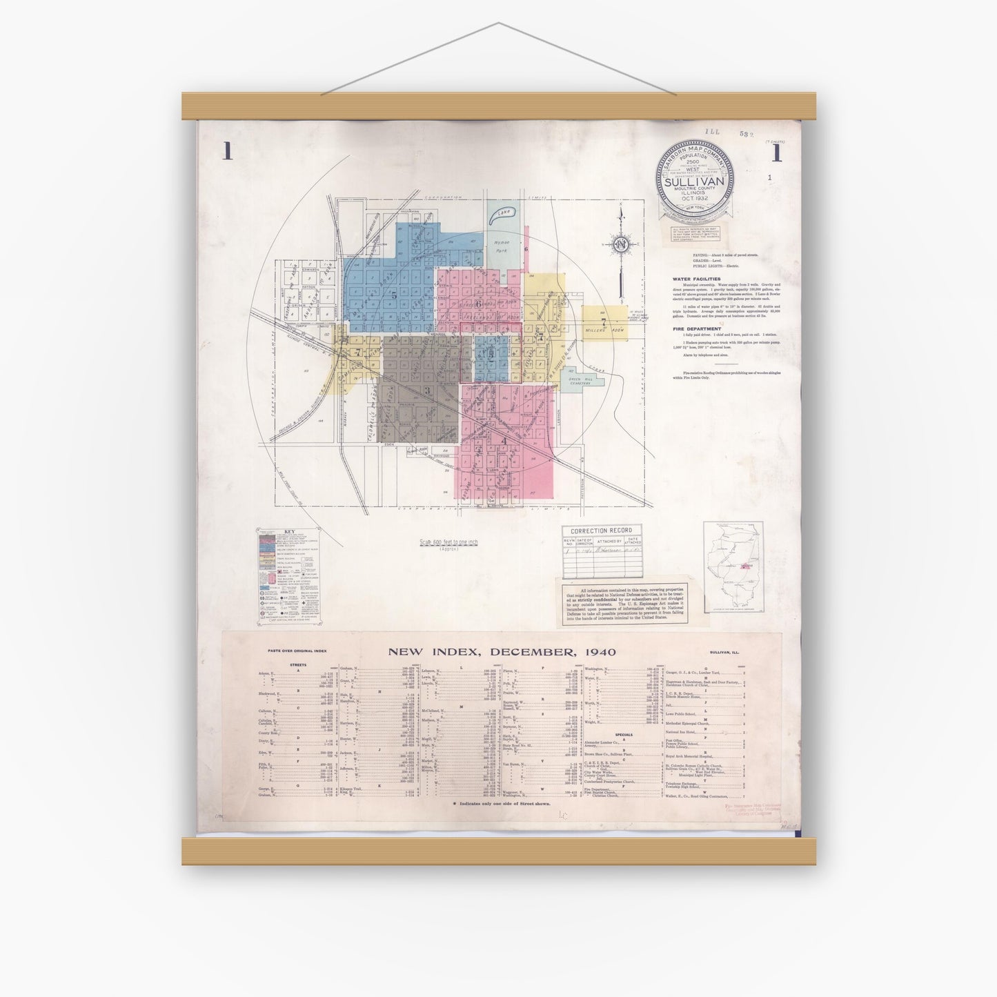 Old map wall art mockup — magnetic wood frame on white wall — Sanborn Fire Insurance Map from Sullivan, Moultrie County, Illinois (1940) - Complete Map Set