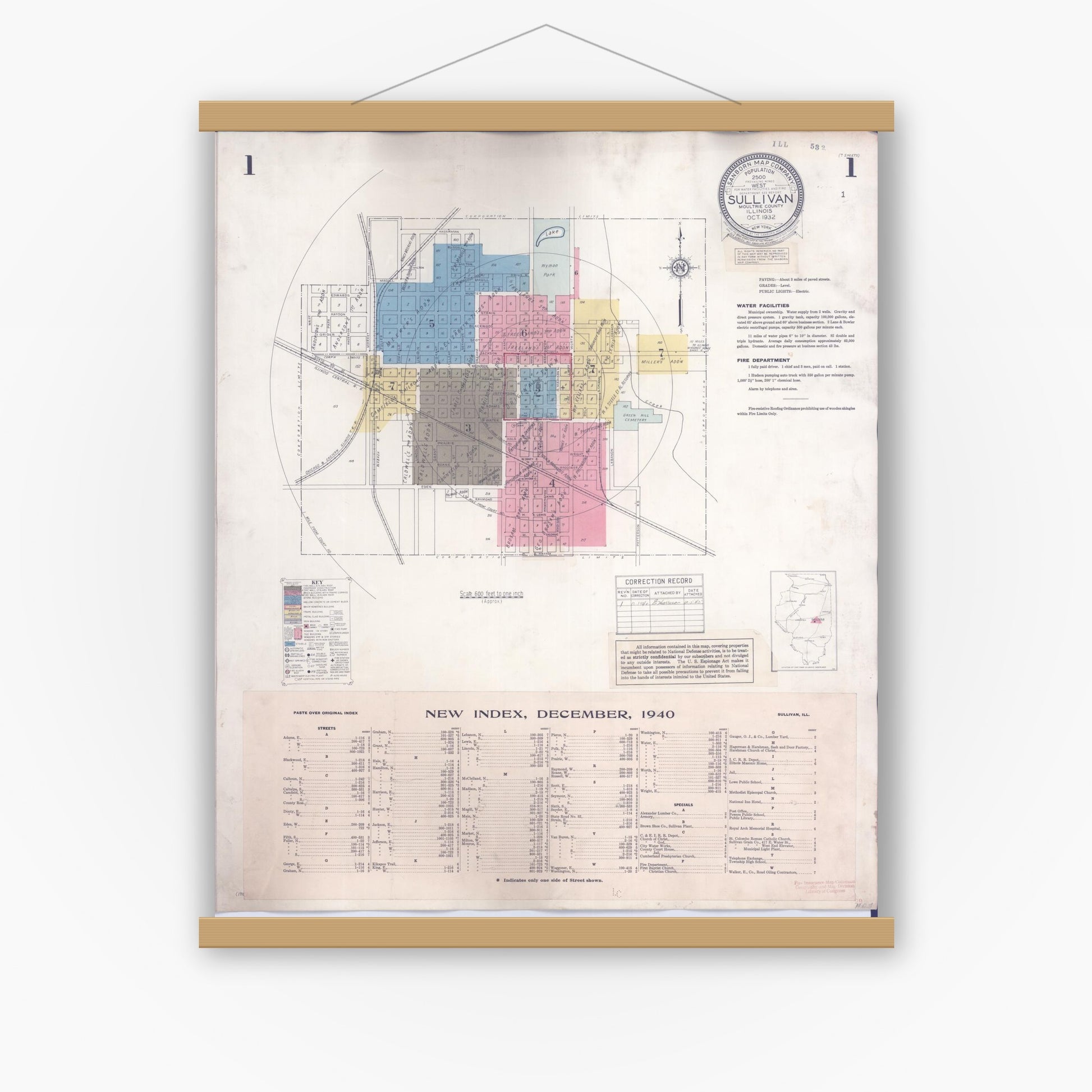 Old map wall art mockup — magnetic wood frame on white wall — Sanborn Fire Insurance Map from Sullivan, Moultrie County, Illinois (1940) - Complete Map Set