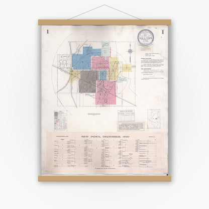 Old map wall art mockup — magnetic wood frame on white wall — Sanborn Fire Insurance Map from Sullivan, Moultrie County, Illinois (1940) - Complete Map Set