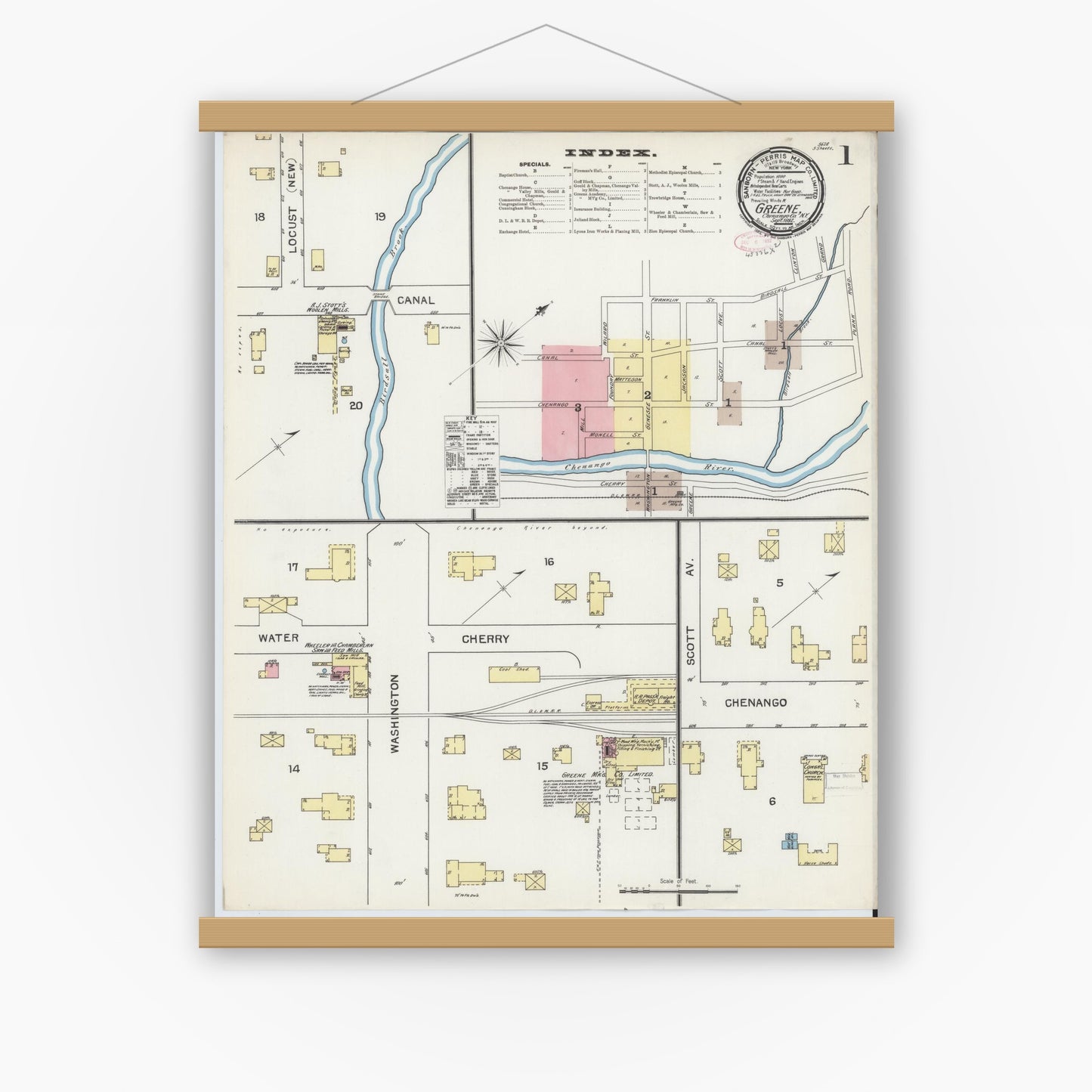 Old map wall art mockup — magnetic wood frame on white wall — Sanborn Fire Insurance Map from Greene, Chenango County, New York (1892) - Complete Map Set