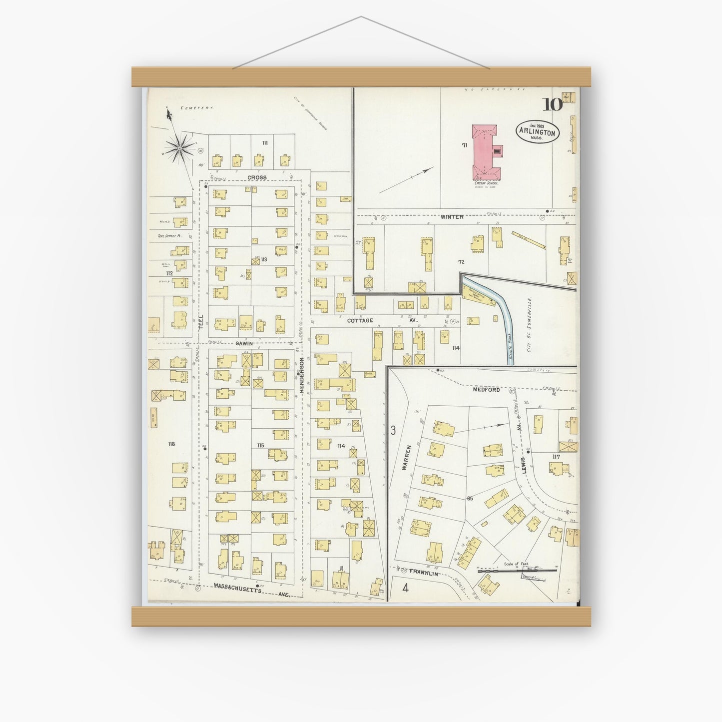Old map wall art mockup — magnetic wood frame on white wall — Sanborn Fire Insurance Map from Arlington, Middlesex County, Massachusetts (1903), Sheet #0010
