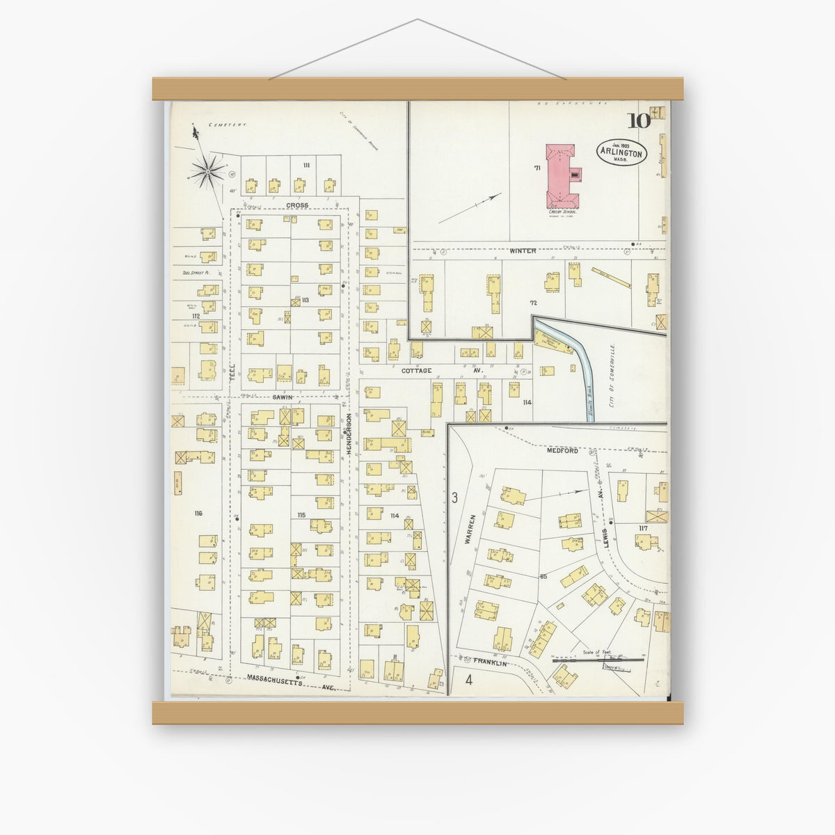Old map wall art mockup — magnetic wood frame on white wall — Sanborn Fire Insurance Map from Arlington, Middlesex County, Massachusetts (1903), Sheet #0010
