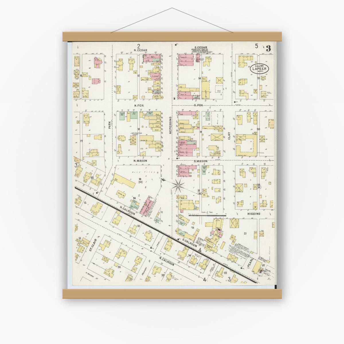 Old map wall art mockup — magnetic wood frame on white wall — Sanborn Fire Insurance Map from Lapeer, Lapeer County, Michigan (1898), Sheet #0003
