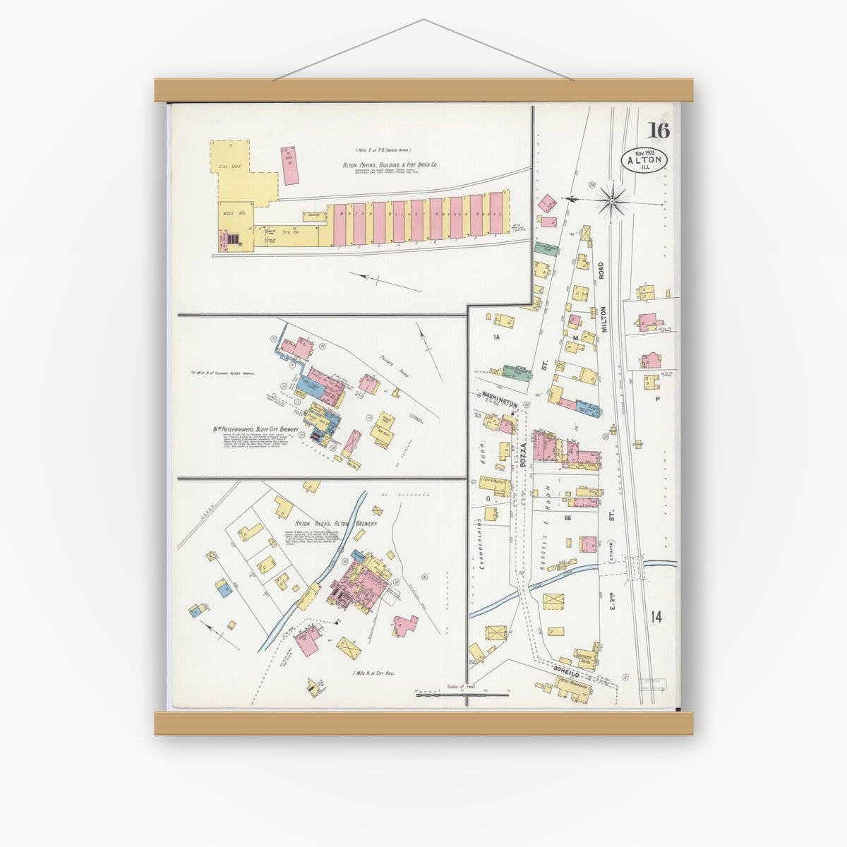 Old map wall art mockup — magnetic wood frame on white wall — Sanborn Fire Insurance Map from Alton, Madison County, Illinois (1902), Sheet #0016