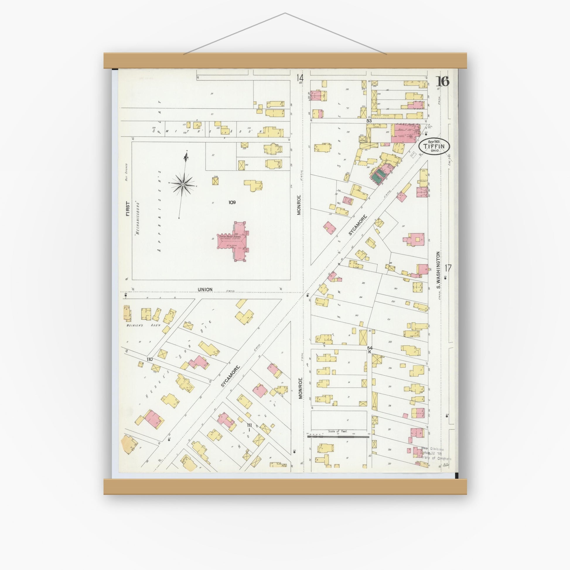 Old map wall art mockup — magnetic wood frame on white wall — Sanborn Fire Insurance Map from Tiffin, Seneca County, Ohio (1901), Sheet #0016