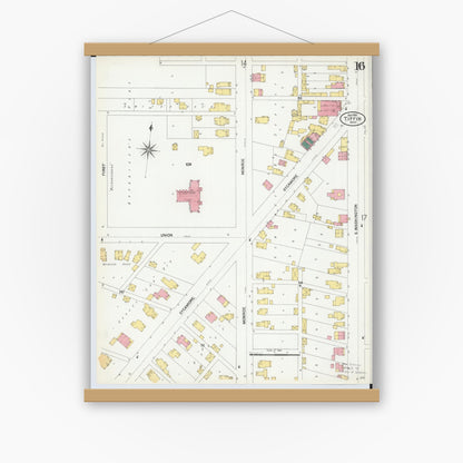 Old map wall art mockup — magnetic wood frame on white wall — Sanborn Fire Insurance Map from Tiffin, Seneca County, Ohio (1901), Sheet #0016